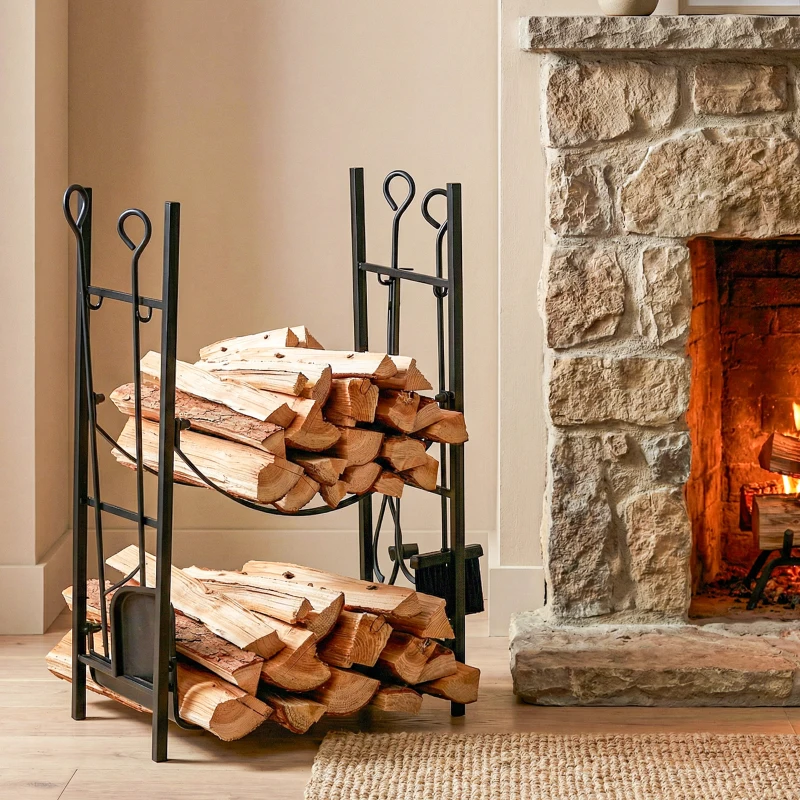 Outsunny Portalegna da Interno ed Esterno Rialzato a 2 Ripiani, Porta Legna da Ardere in Metallo con Supporti Rimovibili, Paletta, Scopa, Attizzatoio e Pinza, Capacità 70 kg, 44.5x29.5x73 cm, Nero