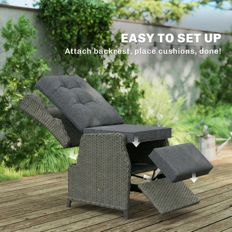 Outsunny Chaise en rotin avec tablette pliante, chaise longue fauteuil de jardin dossier et repose-pieds réglables 81 x 58 x 98,5 cm Gris foncé