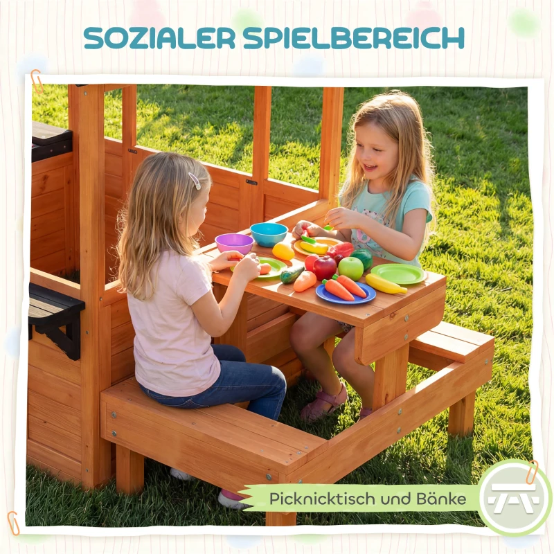 AIYAPLAY Spielhaus Outdoor Holz Kinderspielhaus mit Tisch Bank Spülstation Fenster Tür Blumenkastenhalter für 3-8 Jahre Hellbraun