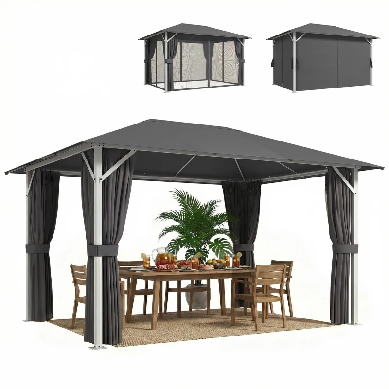 Outsunny Gazebo da Giardino 4x3m Impermeabile e Stabile, con Zanzariera, 4 Pannelli Laterali, Ventilazione e Fori di Drenaggio, Grigio Scuro