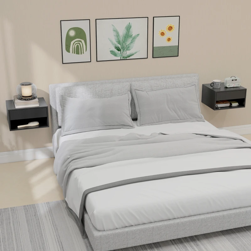 HOMCOM Lote de 2 mesitas de noche murales, mesitas de noche, cajón, compartimento abierto, superficie, 37 x 32 x 21 cm, negro