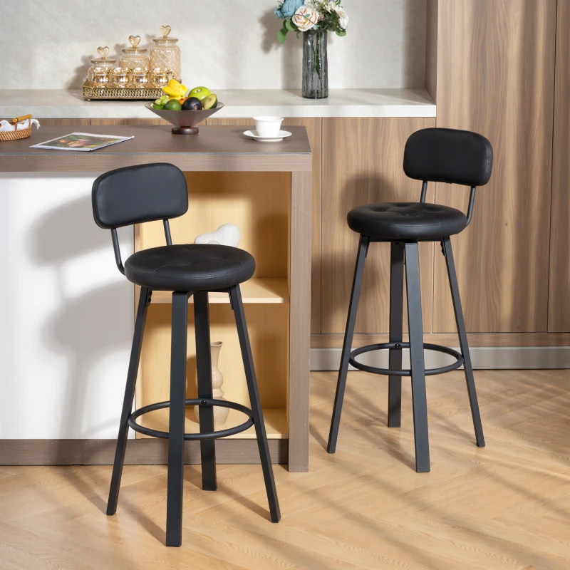 HOMCOM Set de 2 taburetes de bar, tapizado de cuero sintético, asiento acolchado, reposapiés, respaldo, estructura metálica, Negro