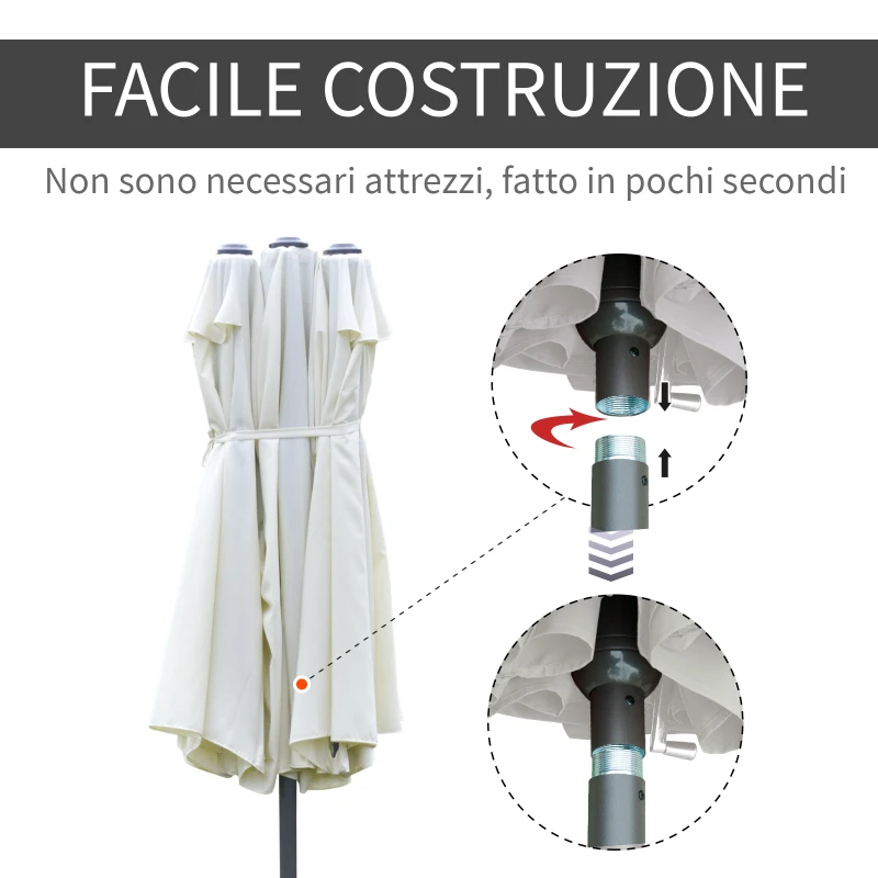 Outsunny Ombrellone Doppio a 12 Stecche con Base a Croce e Manovella, in Acciaio e Poliestere, 455x265x238 cm, Beige