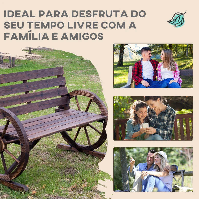 Outsunny Banco de madeira ao ar livre com apoio de braços em forma de roda Vista envelhecida para varanda Terraço 105,5x56x75 cm Marrom rústico