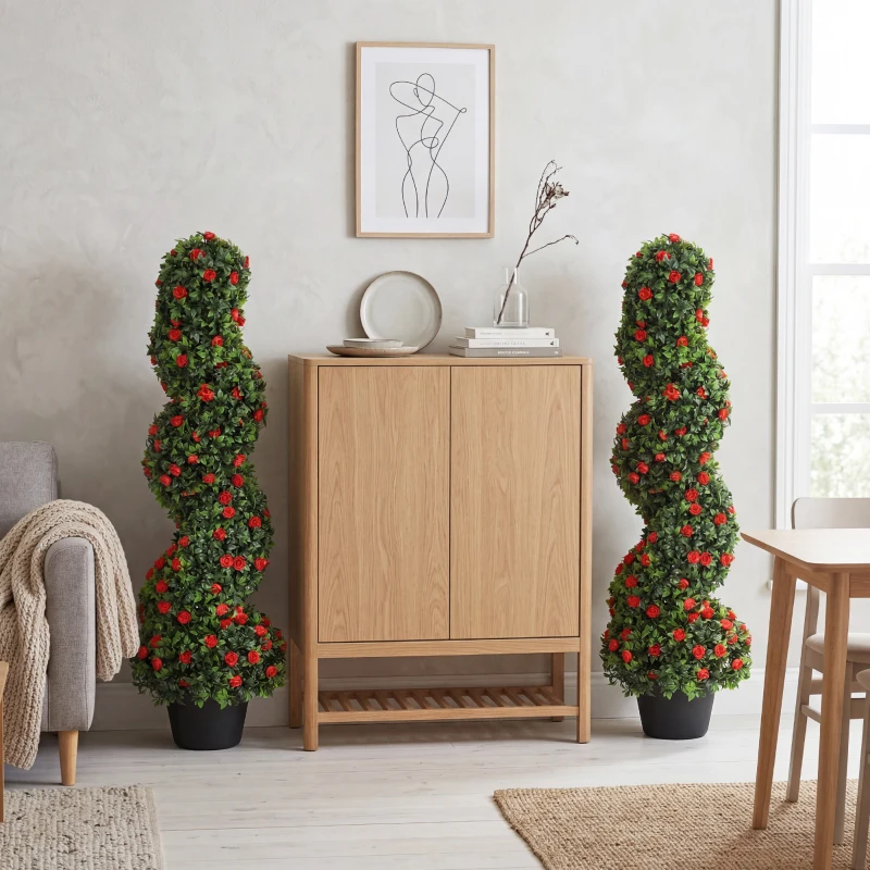 HOMCOM Artificial Rose Spiral Topiary Tree Set of 2, Indoor Outdoor Fake Plants with 630 Leaves, 90cm