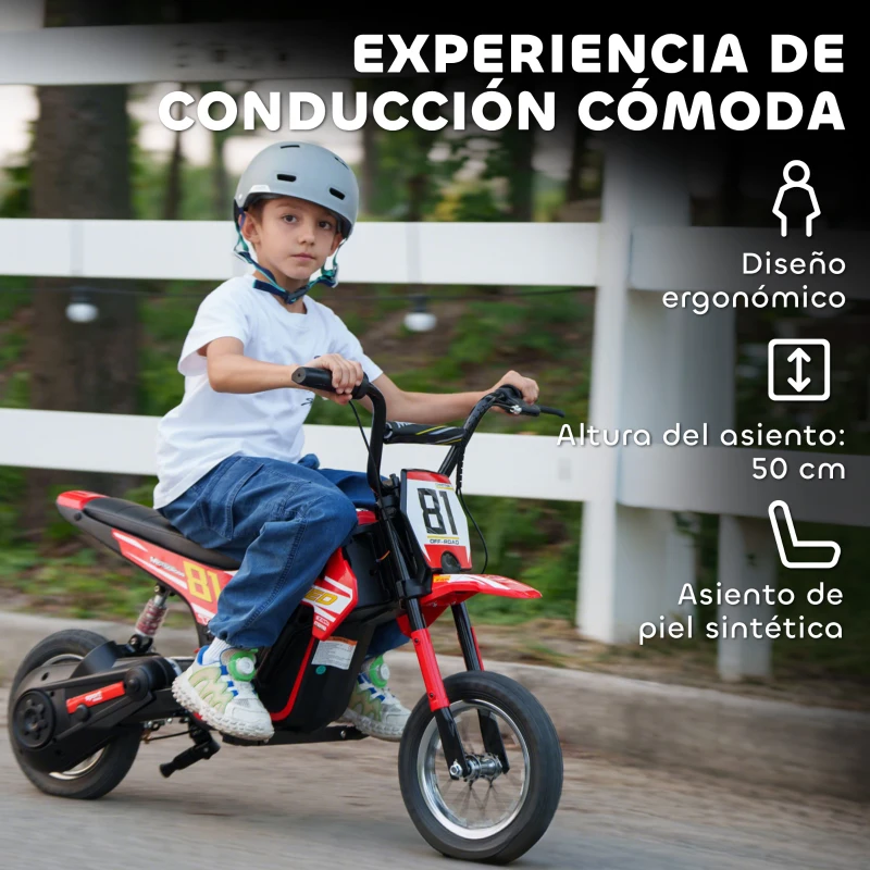 AIYAPLAY Moto Eléctrica para Niños 24V con Motor 250W Velocidad de 6-16km/h Ruedas de 12'' para Niños de 8-12 Años Rojo