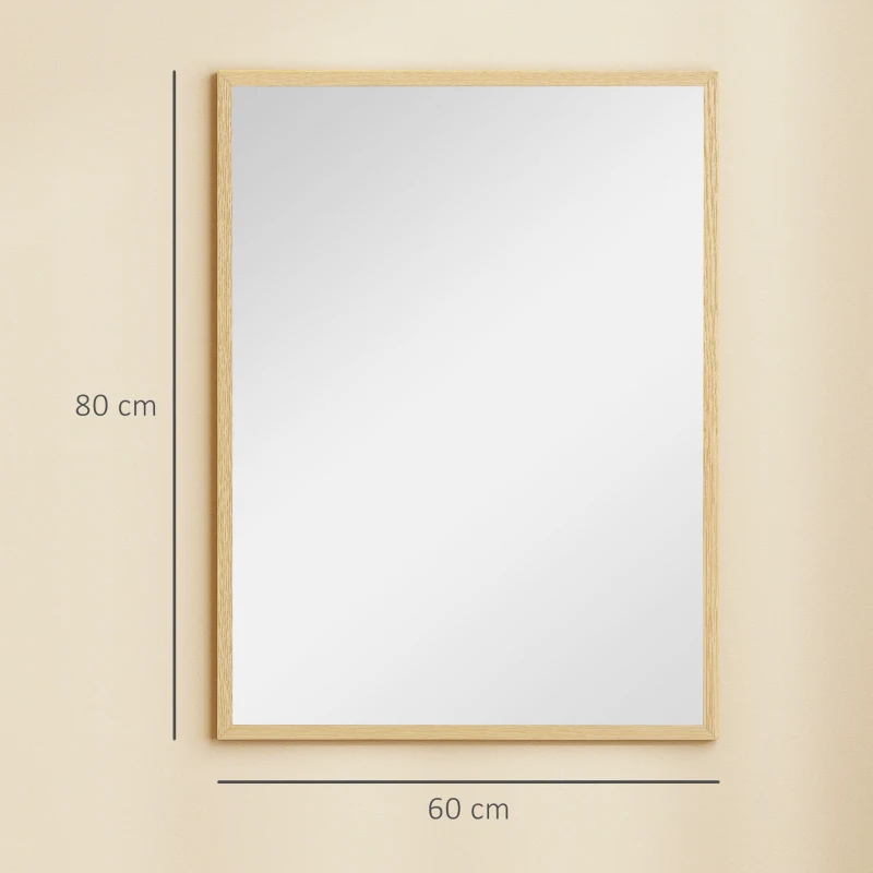 HOMCOM Espejo mural rectangular 80 x 60 cm, marco de madera natural, ideal para baño, salón o dormitorio