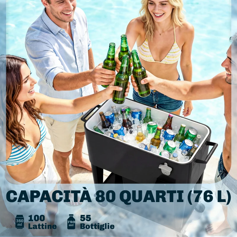 Outsunny Carrello Frigo 76L con Ripiano, Apribottiglie e Raccoglitore Tappi, in Plastica e Acciaio, 91x39x84.5 cm, Nero