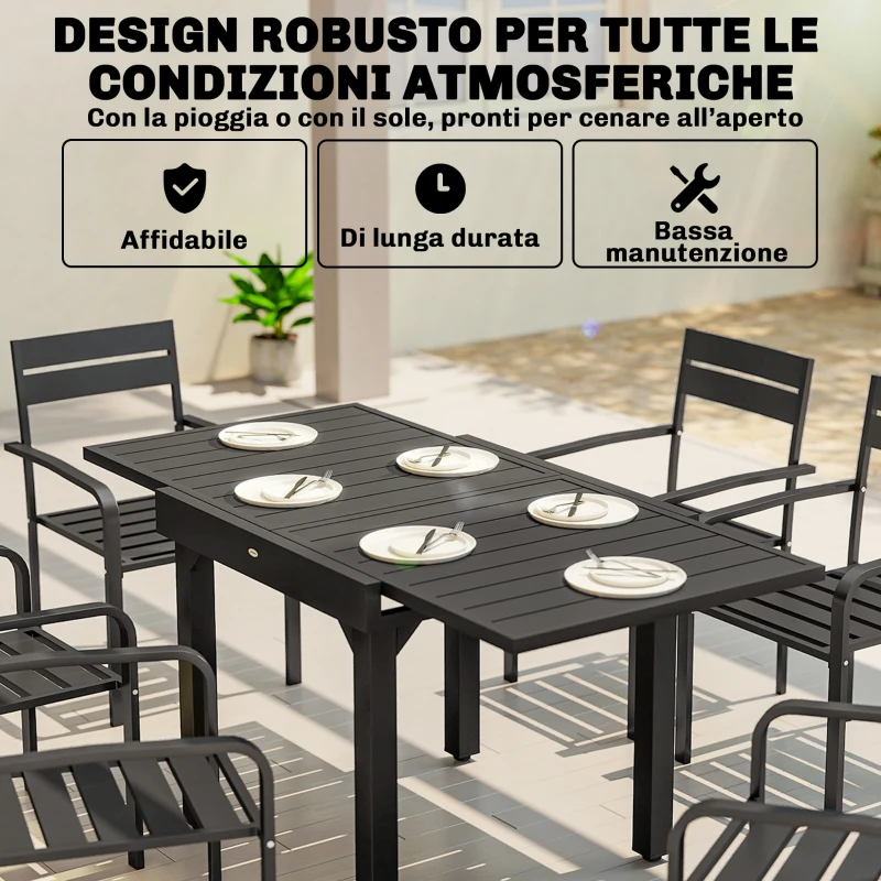 Outsunny Tavolo Allungabile a Doghe da Giardino per 4-6 Persone, in Alluminio e Acciaio, 80/160x80 cm, Nero