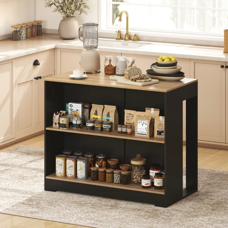 HOMCOM Mostrador Bar Isla de Cocina con 3 Estantes para Salón y Sala de Estar, 113x60x90 cm, Negro y Madera