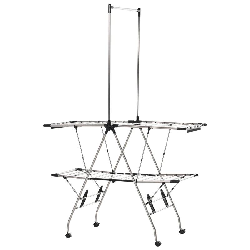 HOMCOM Uscător de rufe cu suport pliabil și roți, spațiu mare de uscare, oțel inoxidabil 138,5 x 63 x 208 cm argintiu negru