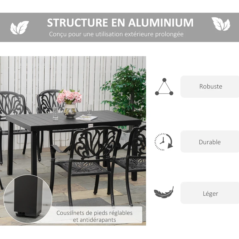 Outsunny Table à manger de jardin pour 6 personnes, en aluminium, 140 x 90 x 74 cm, aspect noir