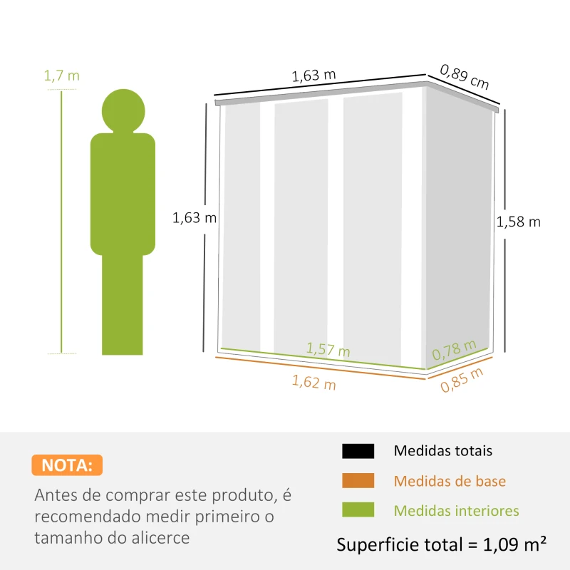 Outsunny Abrigo de Jardim Exterior Metálico 1,37 m² 163x89x163 cm com Telhado Inclinado, Portas com Fecho e Luvas Cinzento