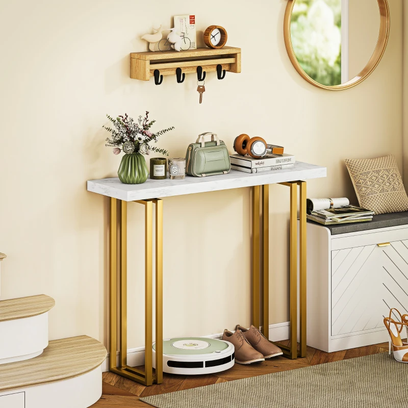 HOMCOM Consola, mesa de entrada, con sobre efecto mármol, estructura de acero, 100 x 30 x 78,5 cm, blanco y oro