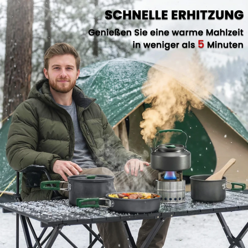 Outsunny Camping kookset 5-delig outdoor serviesset met anti-verbrandingsgrepen pan koekenpan voor 4-5 personen grijs
