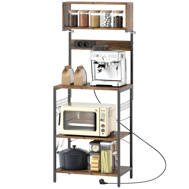 HOMCOM Estantería de cocina, estantería de pie con 5 ganchos en S, 5 estantes, enchufe, de acero, Marrón-rústico, 60 x 42 x 153 cm