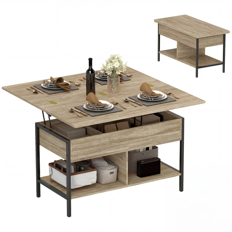 HOMCOM Mesa de centro elevable y extensible, mesa de salón con compartimento oculto estanterías abiertas, 98x49x55cm, madera natural