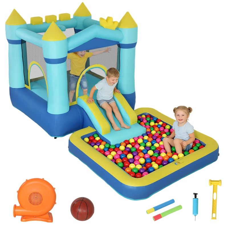 AIYAPLAY Castelo Insuflável para Crianças com Insuflador, Escorrega, Cama Elástica, Piscina e Aro de Basquetebol para Crianças dos 3 aos 8 Anos, Azul