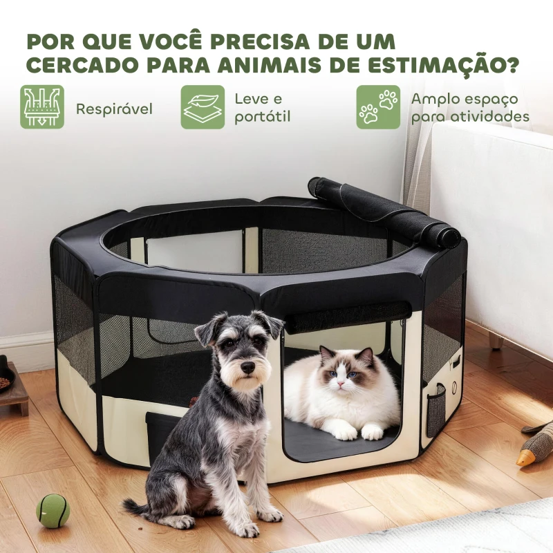 PawHut Parque Dobrável para Cães e Gatos Cercado Portátil para Animais Pequenos em Tecido Oxford Impermeável com 2 Portas Ø90x41 cm Preto