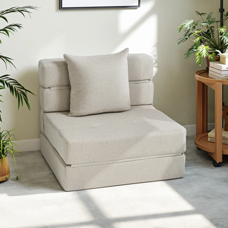 HOMCOM Butaca sofá-cama convertible sillón 1 plaza con 1 cojín con funda desmontable, tejido beige