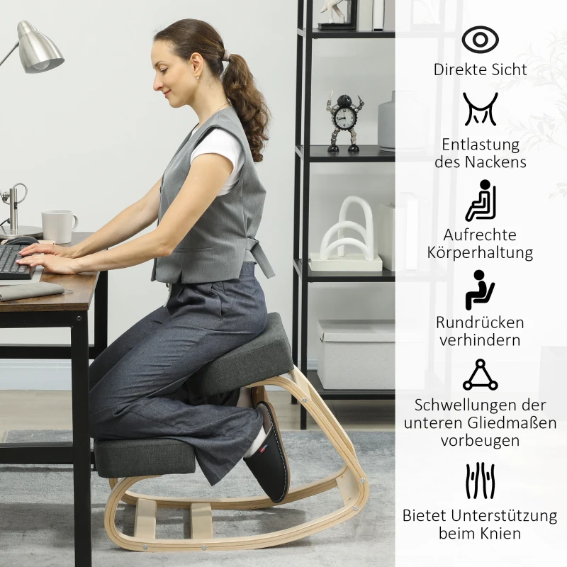Vinsetto Kniestuhl, ergonomischer Sitzhocker, Polsterhocker für gesunde Sitzhaltung, Birkenholz, 120 kg belastbar, Dunkelgrau