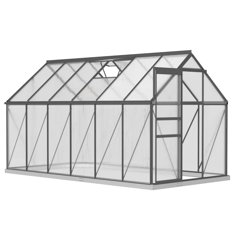 Outsunny Invernadero de jardín en policarbonato y aleación de aluminio con base, invernadero con ventana regulable y puerta corredera 190x375x199cm