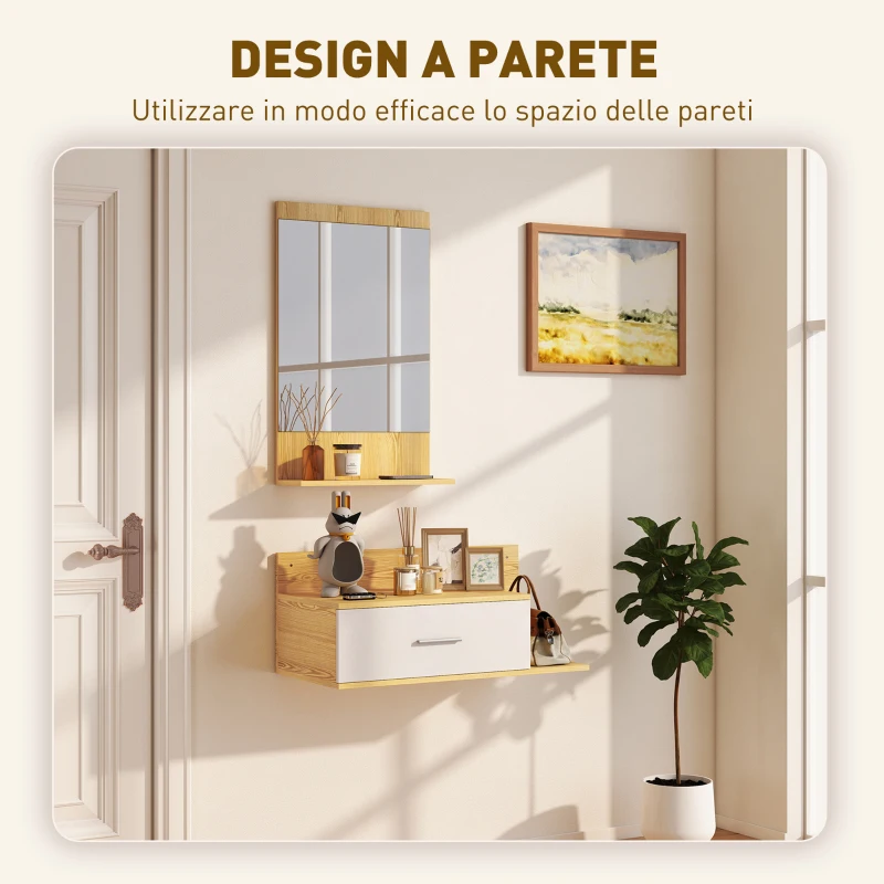 HOMCOM Set da Ingresso con Specchio con Mensola e Mobiletto a Parete con Cassetto e 2 Ripiani Aperti, in Legno e Vetro
