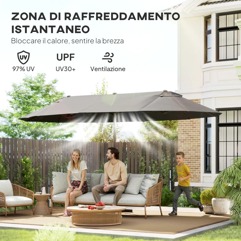 Outsunny Ombrellone Doppio a 12 Stecche con Base a Croce e Manovella, in Acciaio e Poliestere, 455x265x238 cm, Grigio