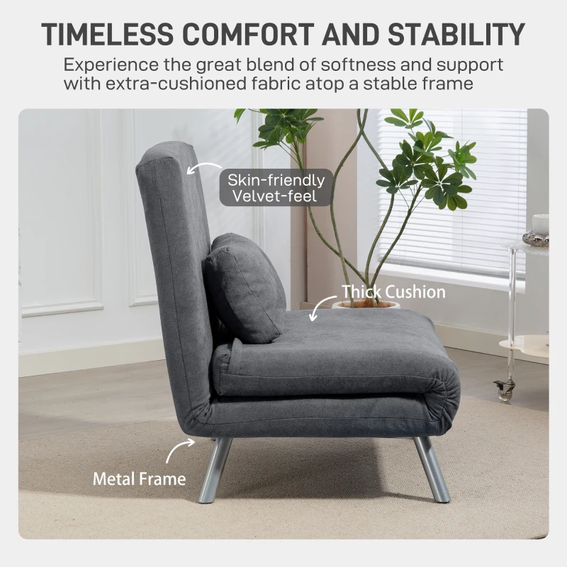 HOMCOM 2-in-1 Folding Sofa Bed, Convertible Sleeper Chair Bed with Adjustable Backrest, Velvet-Feel Upholstered Chaise Lounge with Pillow for Living Room, Bedroom, Home Office, Charcoal Grey