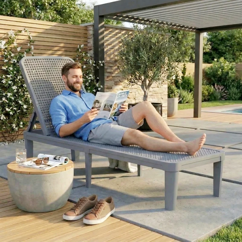 Outsunny Lettino Reclinabile da Giardino Esterno con Schienale Regolabile in 4 Posizioni e Struttura in PP, 191x55x35,5 cm, Grigio Scuro