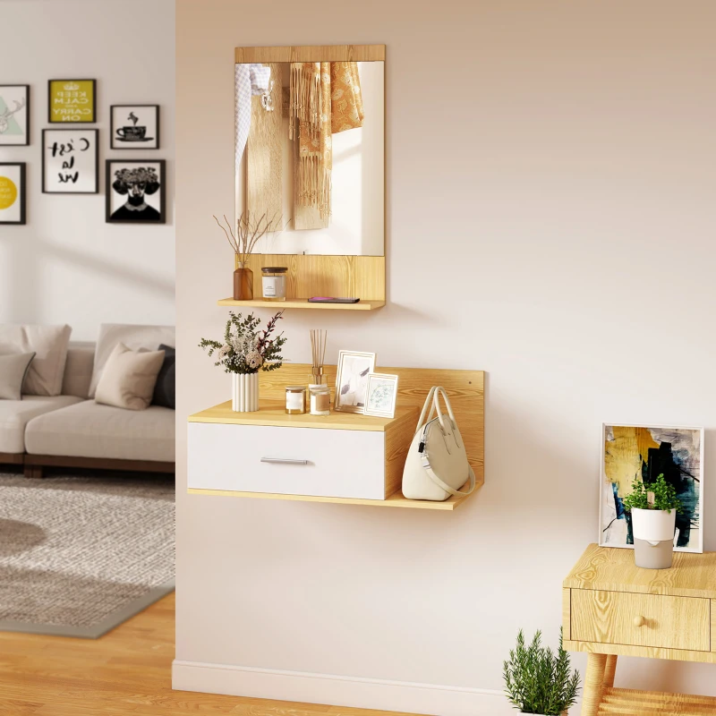 HOMCOM Set da Ingresso con Specchio con Mensola e Mobiletto a Parete con Cassetto e 2 Ripiani Aperti, in Legno e Vetro