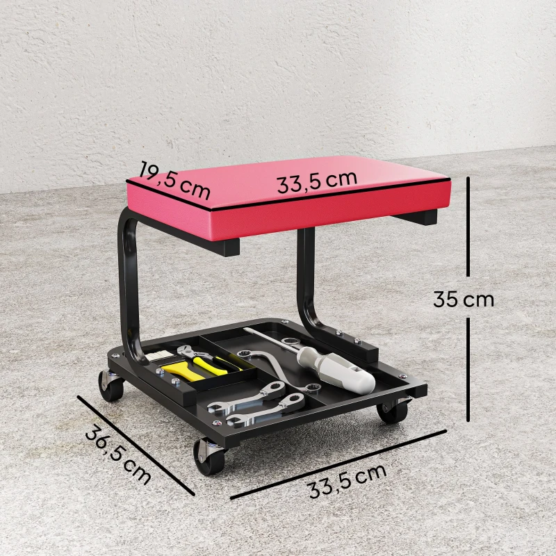 HOMCOM Taburete de mecánico taburete de taller móvil carga 135 kg bandeja herramientas ruedas incluidas 36,5 x 33,5 x 35 cm rojo