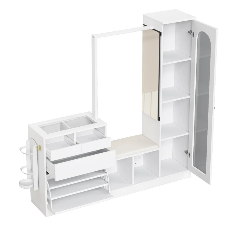 Set da Ingresso a LED con appendiabiti, tavolino, panca scarpiera e vetrina, 163x35x161 cm, Bianco