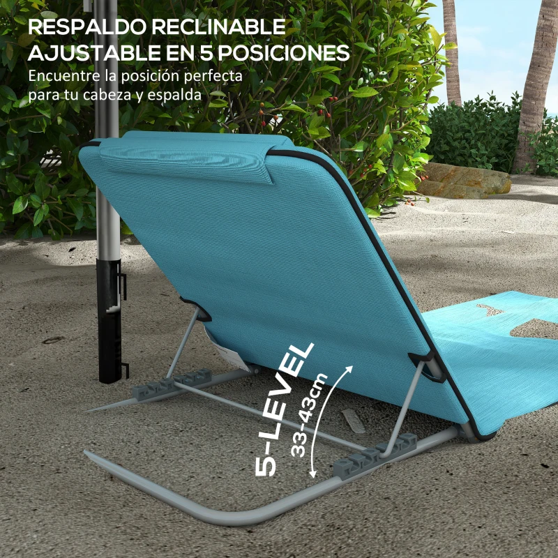 Outsunny Conjunto de 2 Esterillas con Respaldo Reclinable en 5 Niveles Reposacabezas y Bolsa de Transporte 134x48x33-43 cm Azul