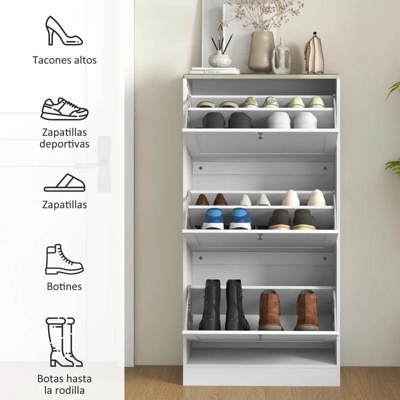 HOMCOM Mueble Zapatero Moderno con 3 Cajones Abatibles y Estantes Ajustables para 18 Pares de Zapatos 60x23,5x115 cm Blanco