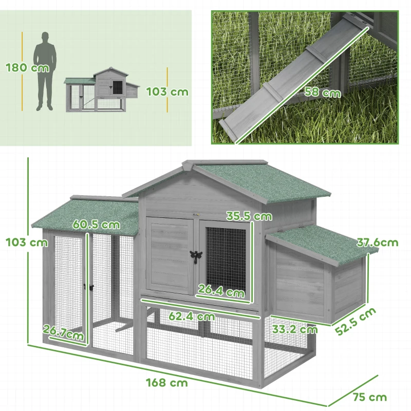 PawHut Pollaio in legno con recinto, nido, rampa e vassoio estraibile per 2-4 galline, 168x75x103 cm, Grigio