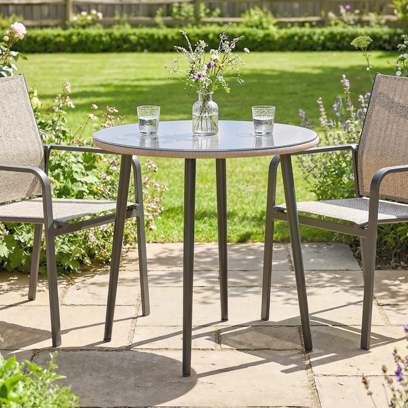 Outsunny Tavolo da giardino per 4 persone in acciaio con bordo in rattan, 80x80x74 cm, Grigio