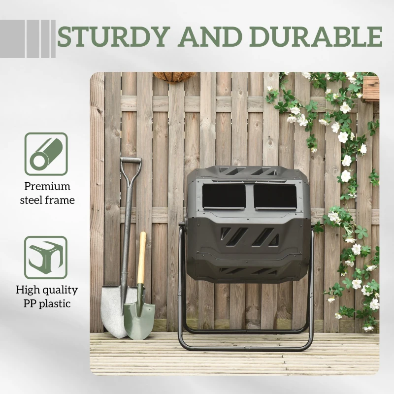 Outsunny Compostiera da Giardino Girevole a 2 Sezioni con 8 Prese d'Aria, Acciaio e PP, 71x65x96 cm, Nero