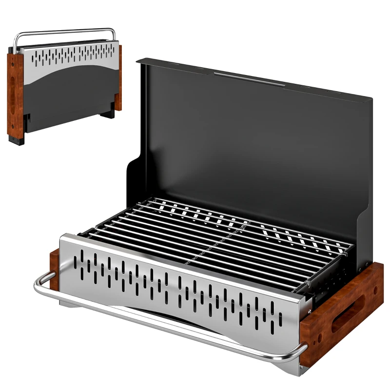 Outsunny Barbecue Portatile a Carbone con Vaschetta Rimovibile, in Acciaio Inox e Metallo, 50.5x34x33 cm, Nero