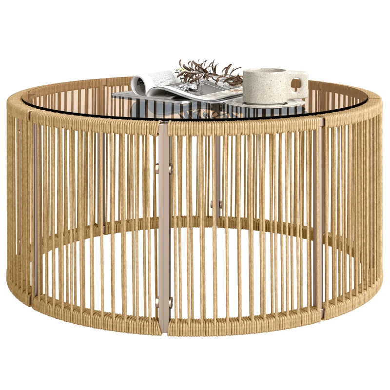 Outsunny Mesa auxiliar de poliratán, mesa de café con tablero de vidrio templado, mesa de jardín con armazón de acero 70 x 70 x 33 cm Marrón