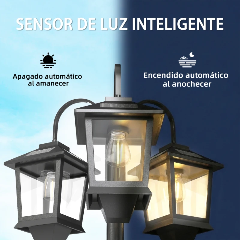 Outsunny Farola Solar Exterior de Jardín de Aluminio con 3 Cabezales con Encendido/Apagado Automático IP44 40x34,5x188 cm Negro