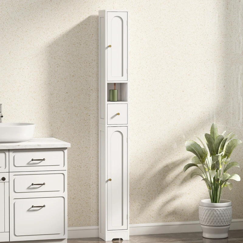 HOMCOM Mueble columna para baño, mueble de almacenamiento, 2 puertas, cajón, compartimento abierto, estante regulable, blanco