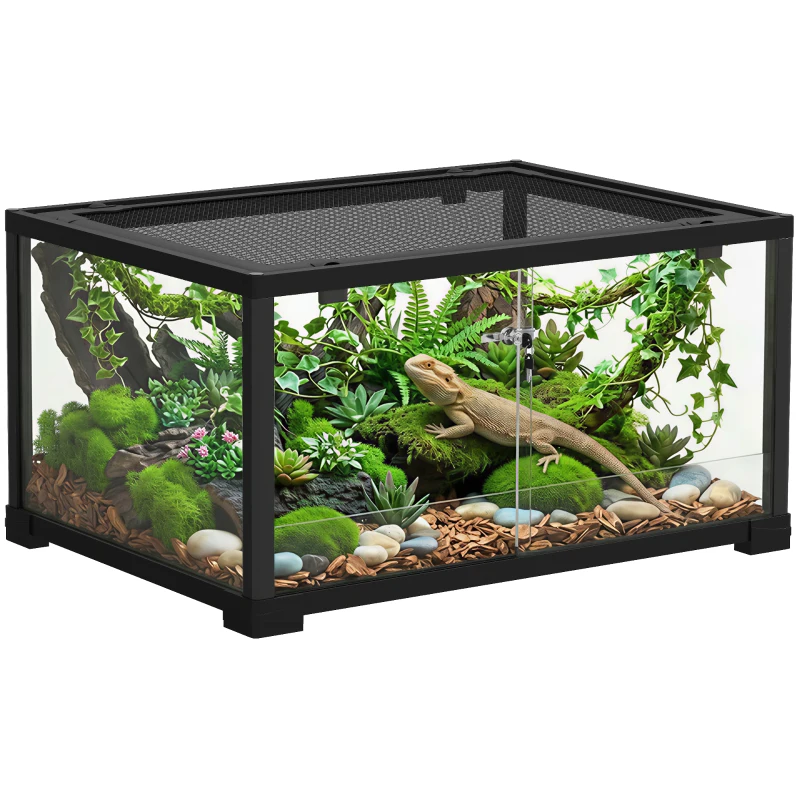 PawHut Terrario Elevado con Doble Cerradura y Paredes de Vidrio, 60x45x32 cm, Negro