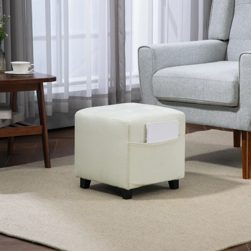 HOMCOM Fußhocker für Wohnzimmer, Ottoman, gepolsterter Sitz mit Steppung in Leinenoptik mit Seitentasche, 35 x 35 x 35 cm, Creme