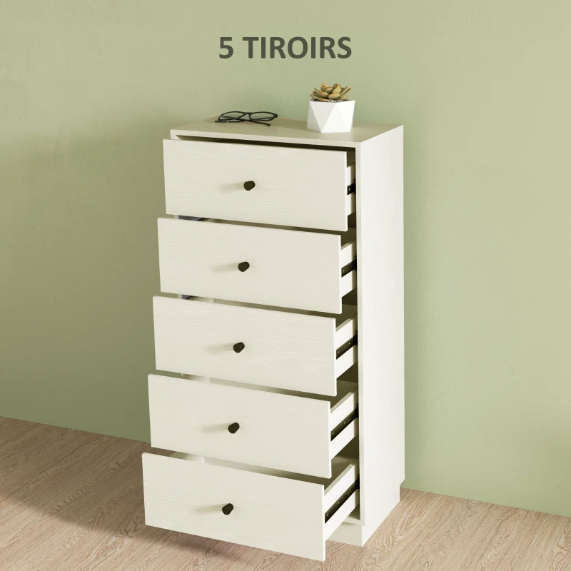 HOMCOM Commode 5 tiroirs, meuble de rangement haut et étroit, style moderne pour chambre à coucher, salon - 47x29x95cm, crème