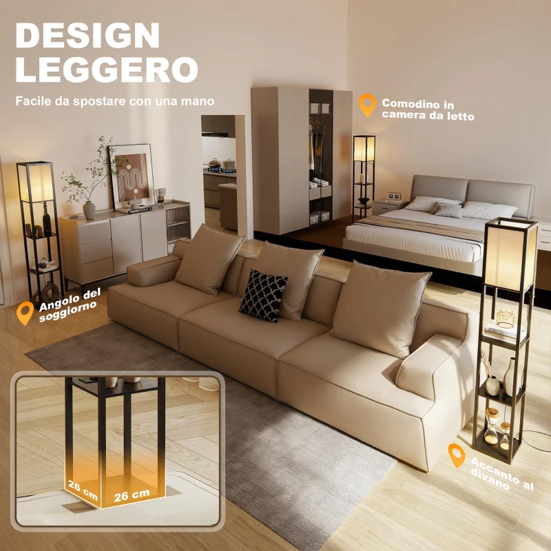 HOMCOM Lampada da Terra con Ripiani, Luce Regolabile, Interruttore a Pedale e Porte USB, Nero