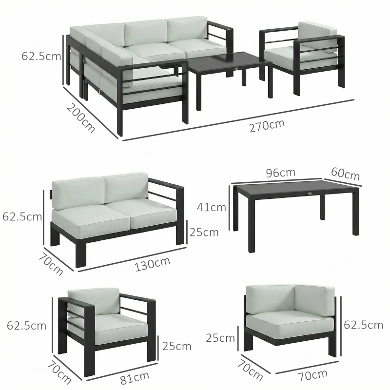 Outsunny 5-Piece Garden Corner Sofa Set with Cushions, 6 Seater Aluminium Garden Furniture Set with Coffee Table, Light Grey