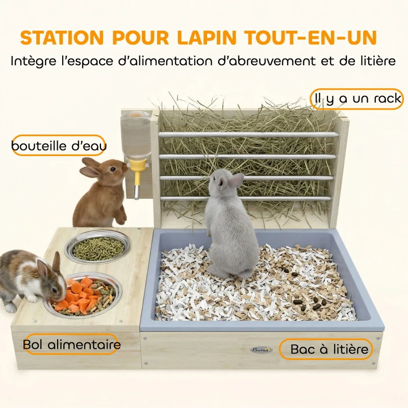 PawHut Râtelier à Foin en Bois pour Lapin Mangeoire Lapin 3 en 1 avec Bac à Litière et Bouteille d'Eau 58x40x32cm Bois Naturel