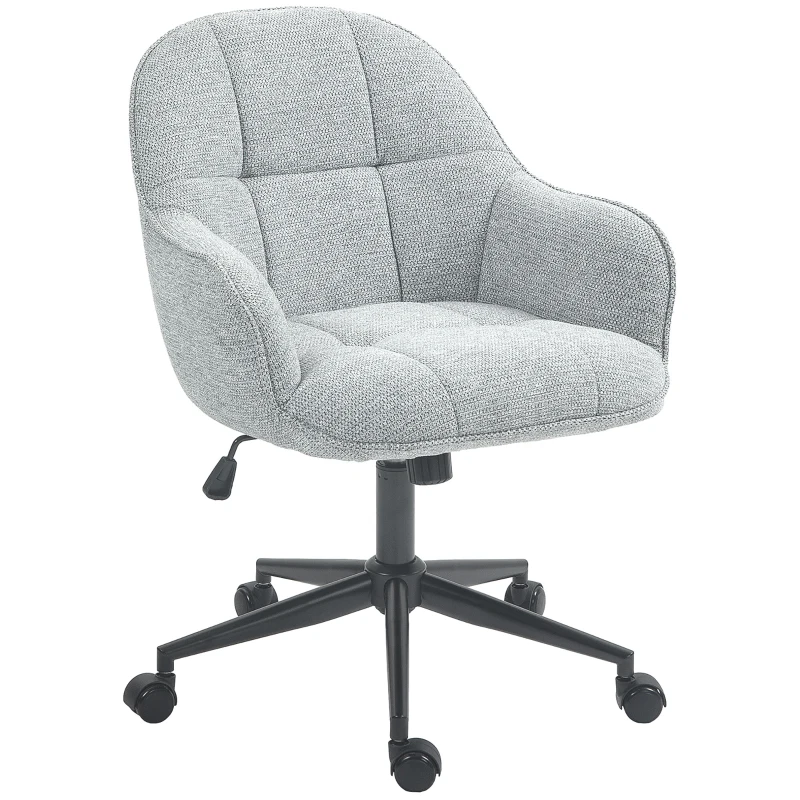 HOMCOM Scaun fauteuil de birou cu spătar și șezut capitonat reglabil în înălțime rotativ 360° bază neagră tapiterie țesătură gri