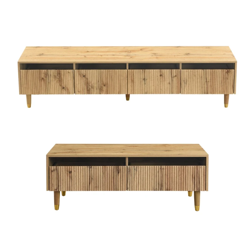 Ensemble de meubles LED moderne, meuble TV avec 4 portes & table basse avec 2 tiroirs, 178x35x45+110x50x40 cm, Couleur naturelle